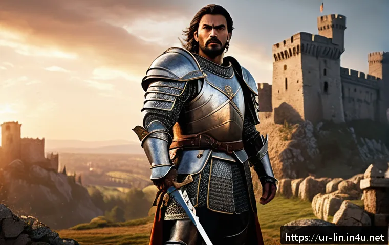 리니지 MMORPG 역사 - A detailed fantasy warrior character from Lineage, clad in intricately designed heavy armor with orn...