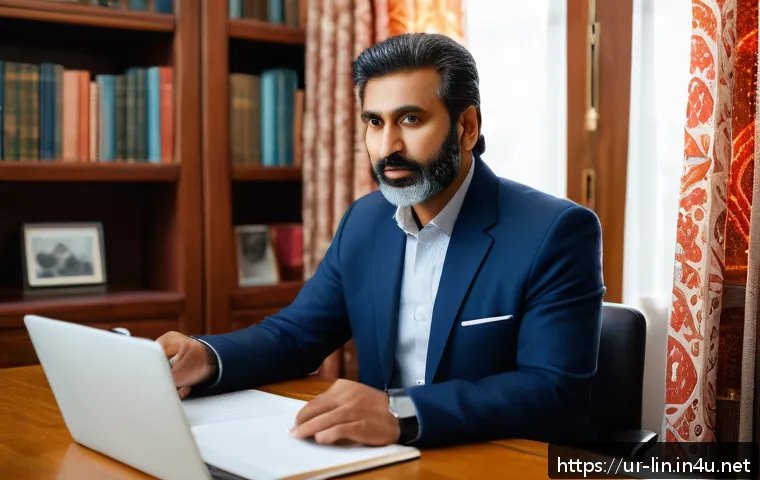 리니지 희귀템 경매장 거래 - A sophisticated online auction scene set in a modern home office with a middle-aged South Asian man ...
