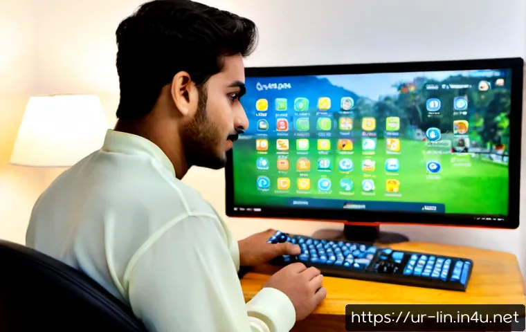 Home 17 리니지 채팅 기능 설정법 - Photorealistic over-the-shoulder view of a Pakistani young adult gamer in a neat home study, wearing...