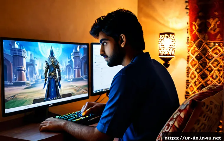 Home 30 리니지 전설 클래스 해금 조건 - Photorealistic Pakistani young adult gamer in a modest Lahore apartment, focused at a clean desktop ...