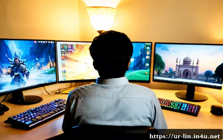 리니지 팬 사이트 추천 - Photorealistic Pakistani gaming enthusiast in a tidy Lahore home office, comparing two fantasy MMORP...