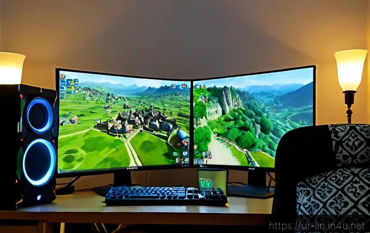 리니지 서버별 특징과 장단점 - Photorealistic Pakistani young adult gamer at a tidy home desk in Lahore, comparing two large gaming...