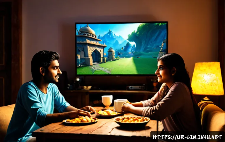Home 17 리니지 MMORPG 장단점 - Photorealistic evening scene in a cozy Pakistani family living room, two adult friends in modest cas...